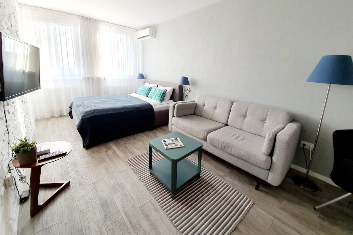 Una habitación de hotel moderna con cama, sofá, televisor, escritorio y una pequeña mesa con una planta.