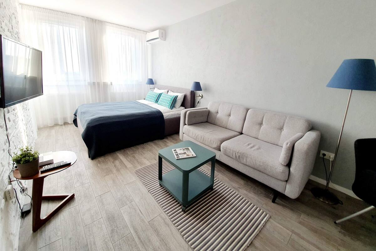 A modern hotel room with a bed, sofa, TV, desk, and a small table with a plant.