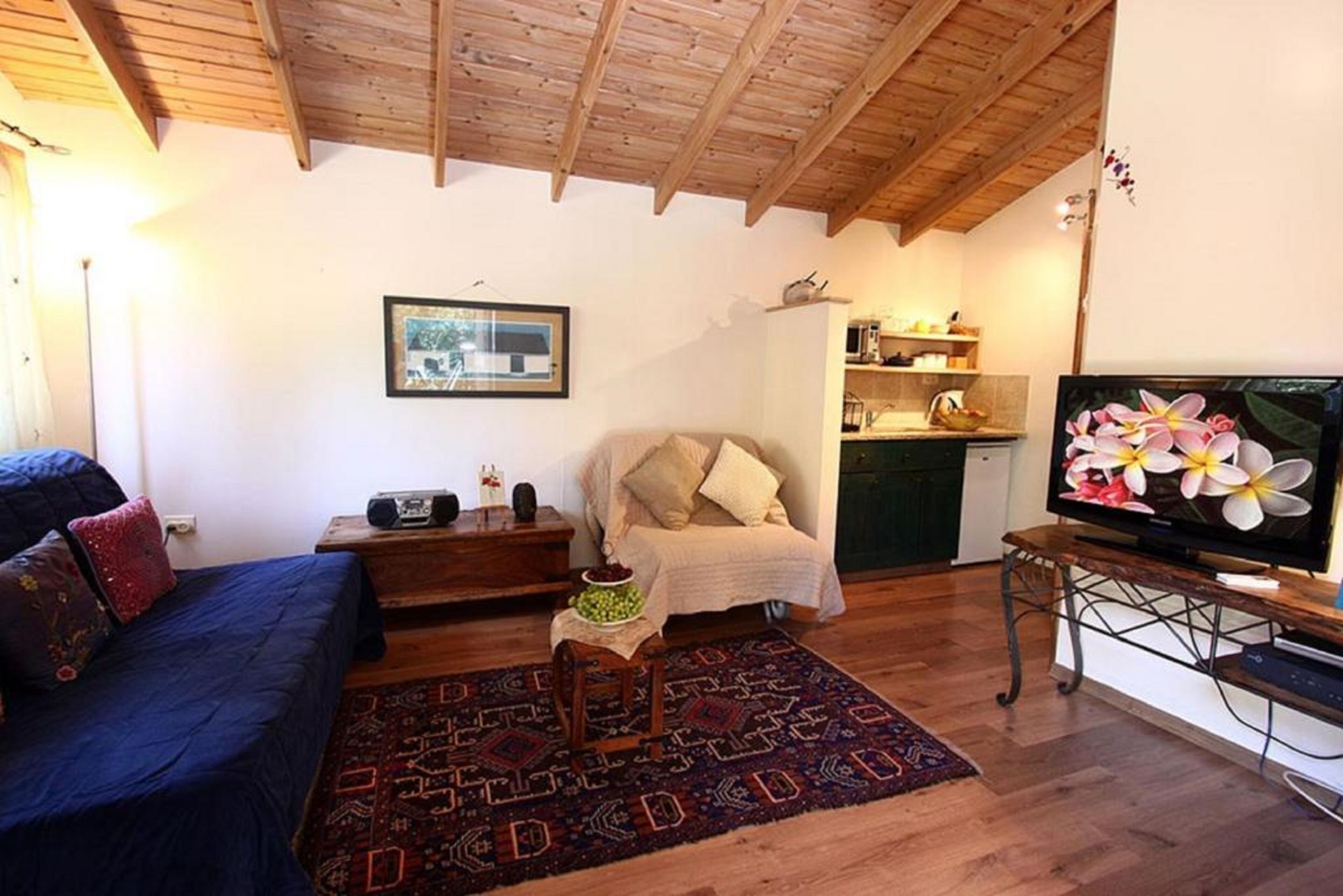 Un salon chaleureux avec un plafond en bois, un canapé, un téléviseur et, au fond, un coin cuisine.