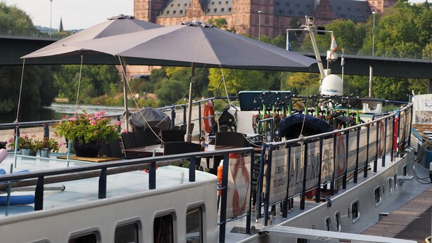 A boat with a covered seating area, potted plants, and bicycles.