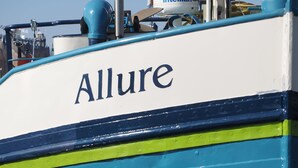 A boat named 'Allure' with a blue and white color scheme, a black anchor, and a green stripe.
