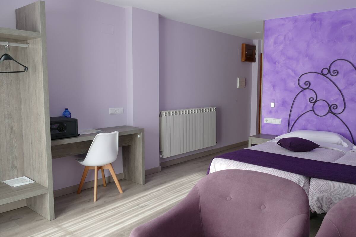 Ein Schlafzimmer mit einem Bett, zwei Stühlen, einem Schreibtisch und einer Heizung.