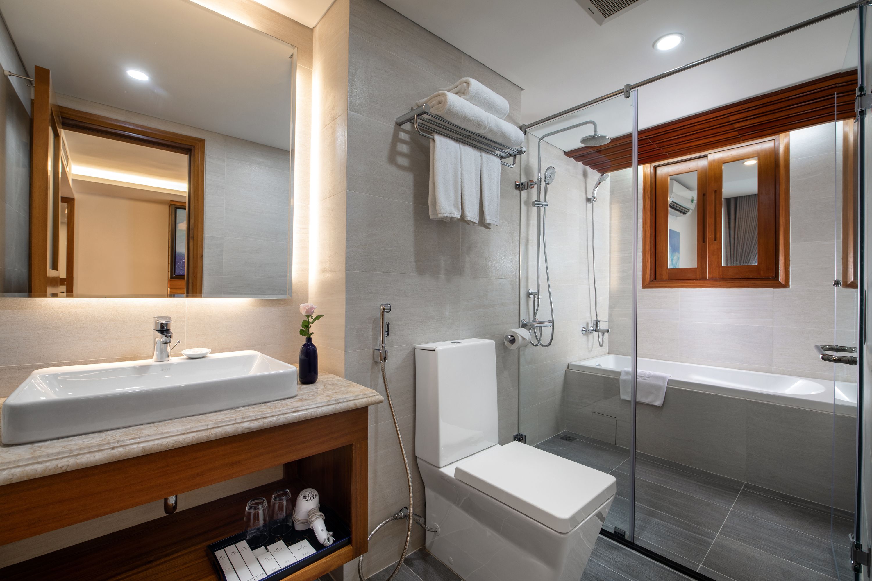 free toiletries, hair dryer, bathrobes, slippers