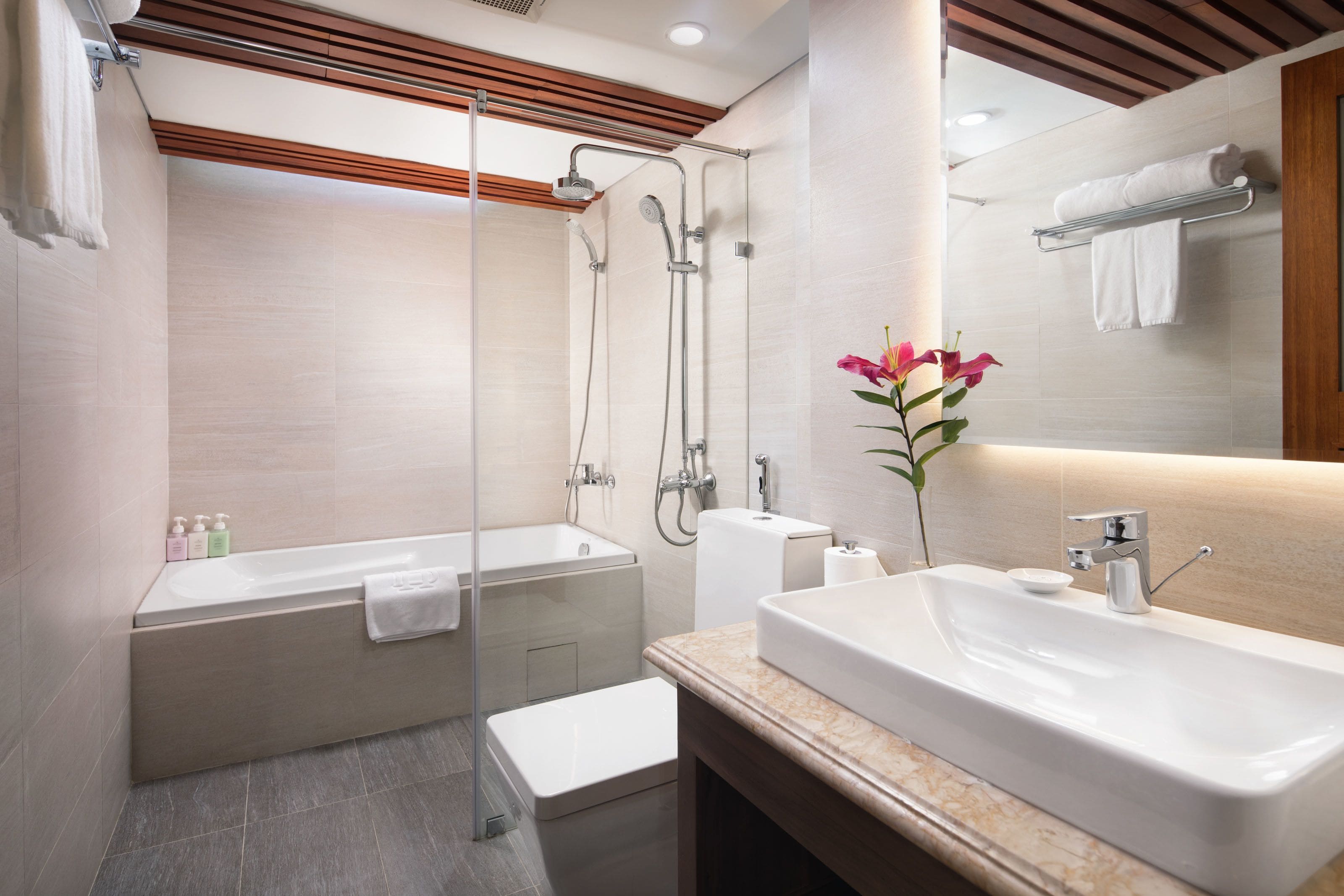 free toiletries, hair dryer, bathrobes, slippers