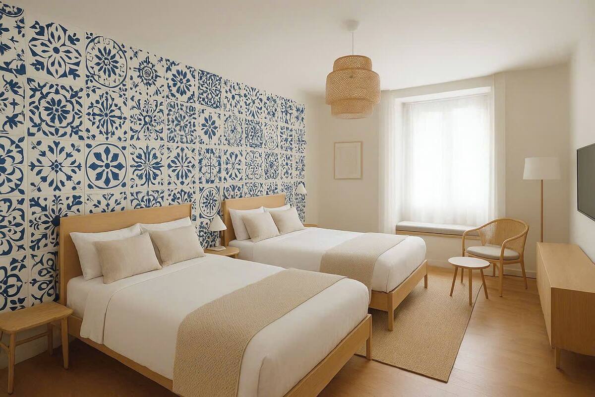 A hotel room with two beds, a large window, a TV, and a patterned wall.