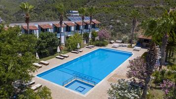 Seasonal outdoor pool, pool umbrellas, sun loungers