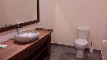 A bathroom with a stone sink, wooden vanity, and a white toilet.