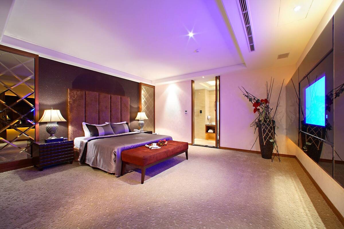 Een moderne hotelkamer met een groot bed, nachtlampjes, een klein bankje en een potplant.