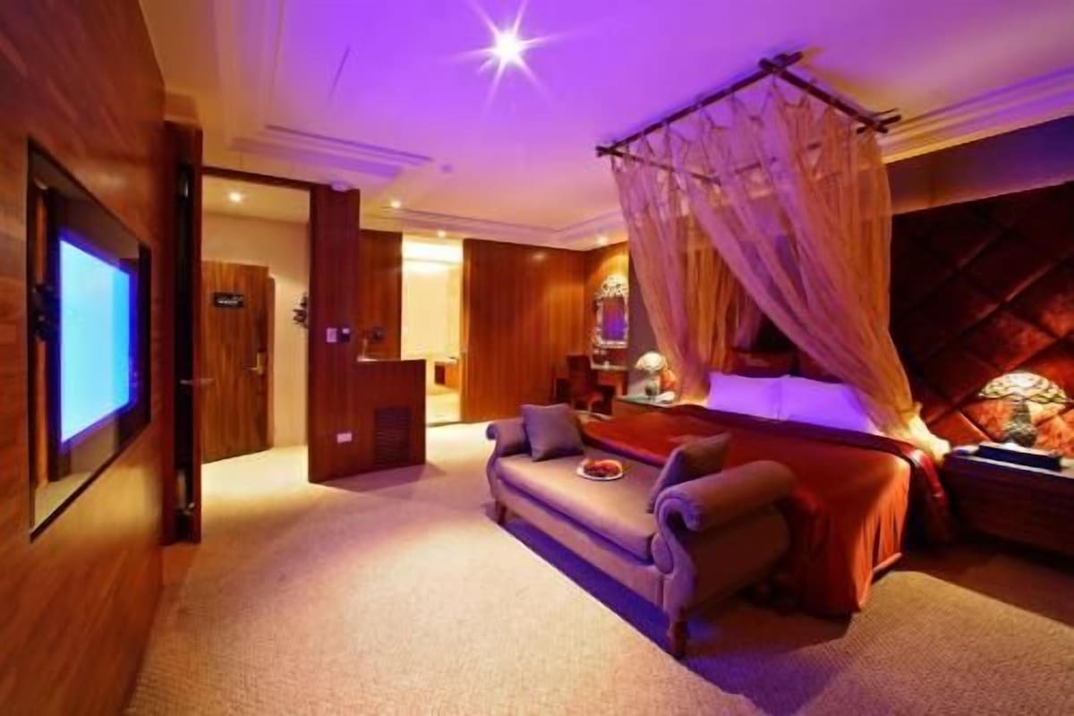 Ein Zimmer mit einem Bett, einem Fernseher und einem Baldachin.
