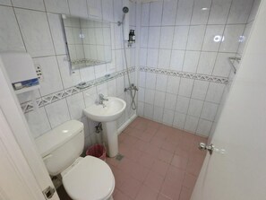 Shower, free toiletries, hair dryer, slippers