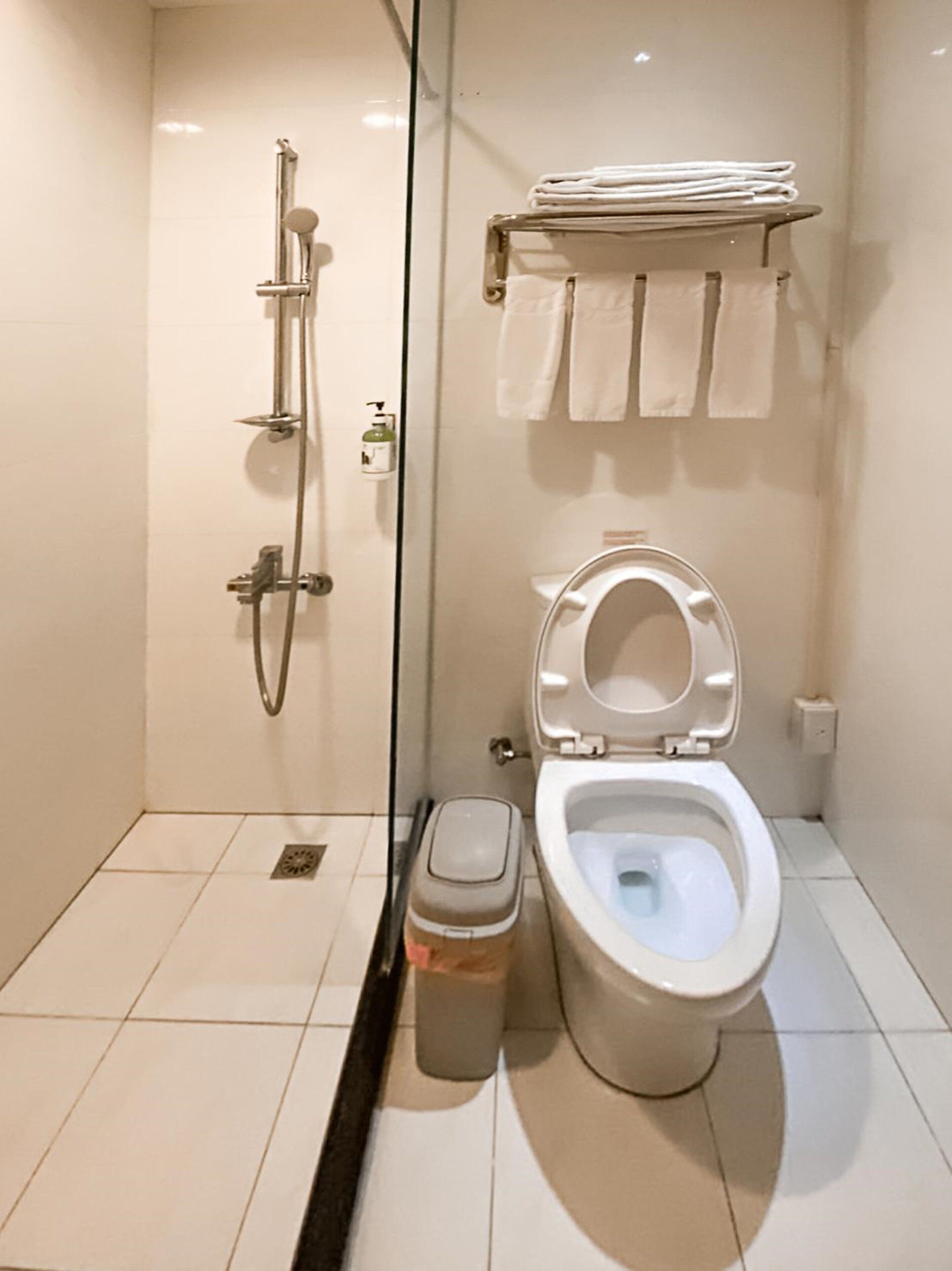 shower, rainfall showerhead, hair dryer, towels