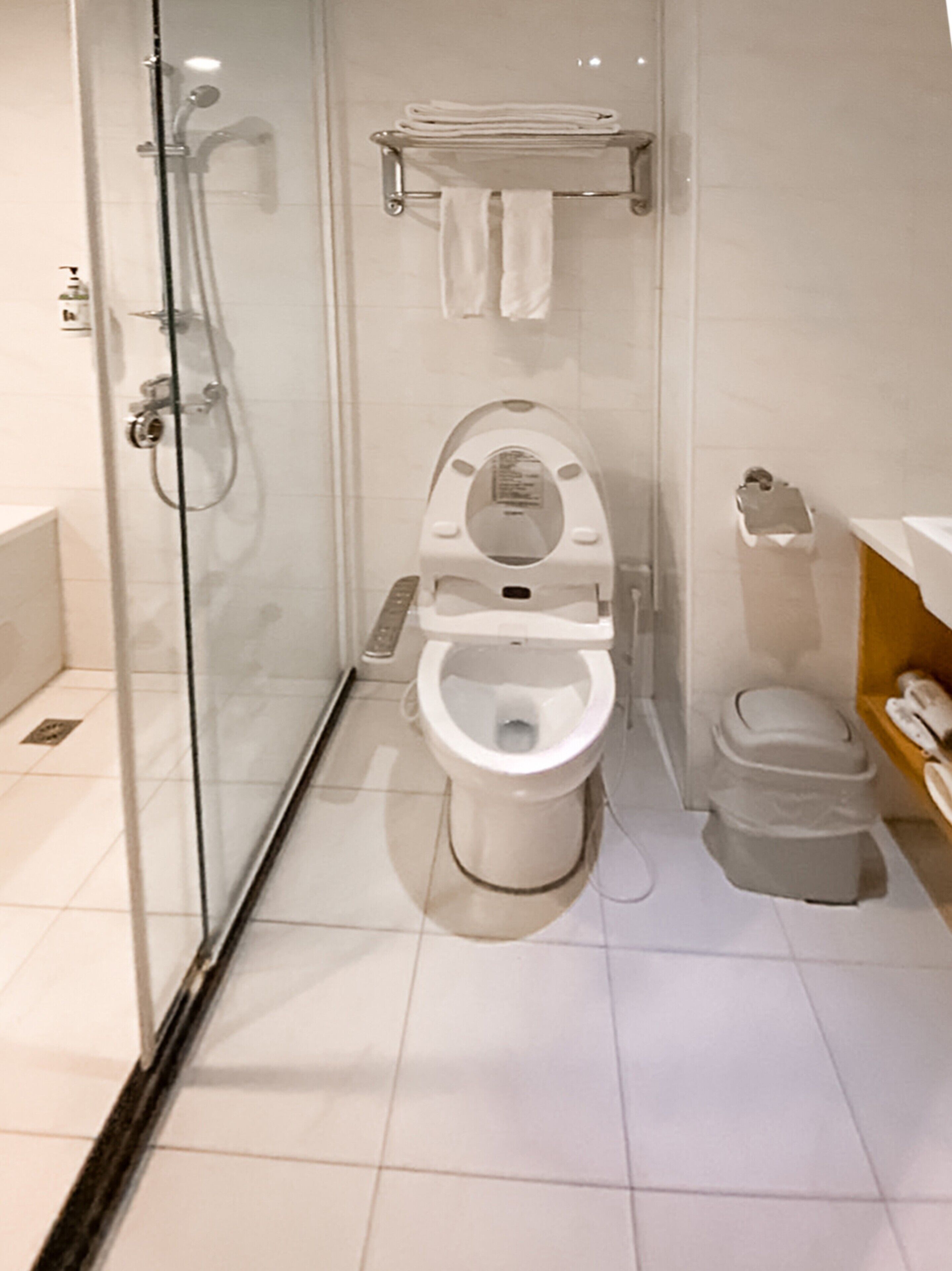 standard double room | bathroom | shower, rainfall showerhead, hair dryer, towels