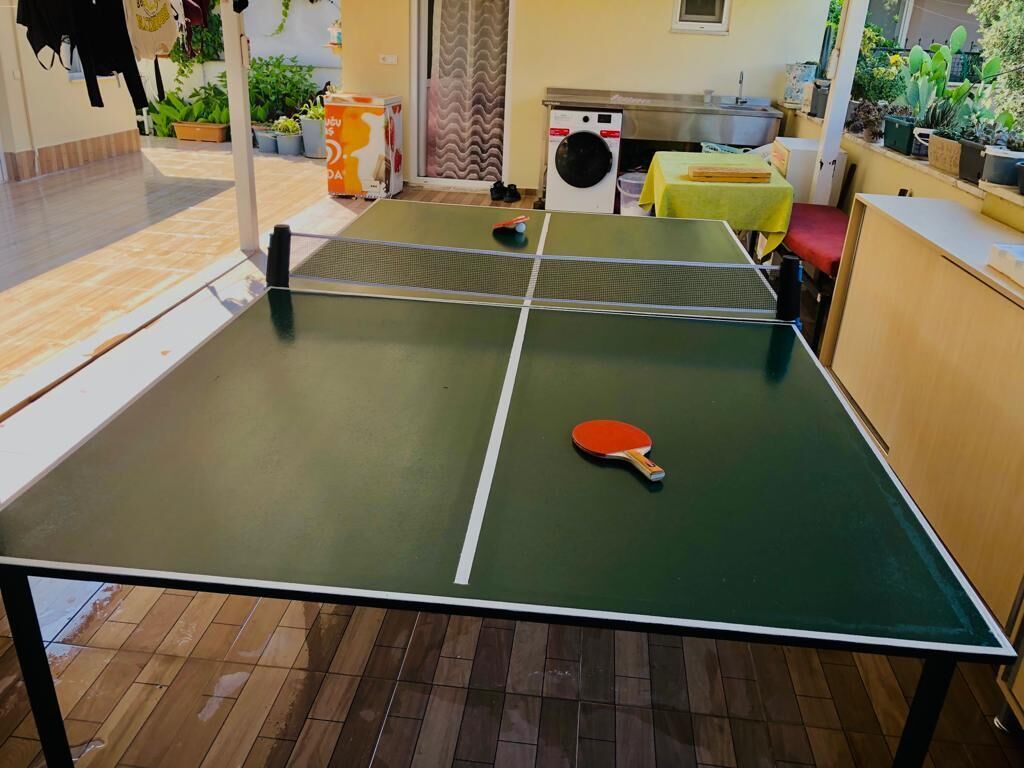 A ping pong table with a red paddle in a room with a washing machine, a table with a yellow tablecloth, and potted plants.