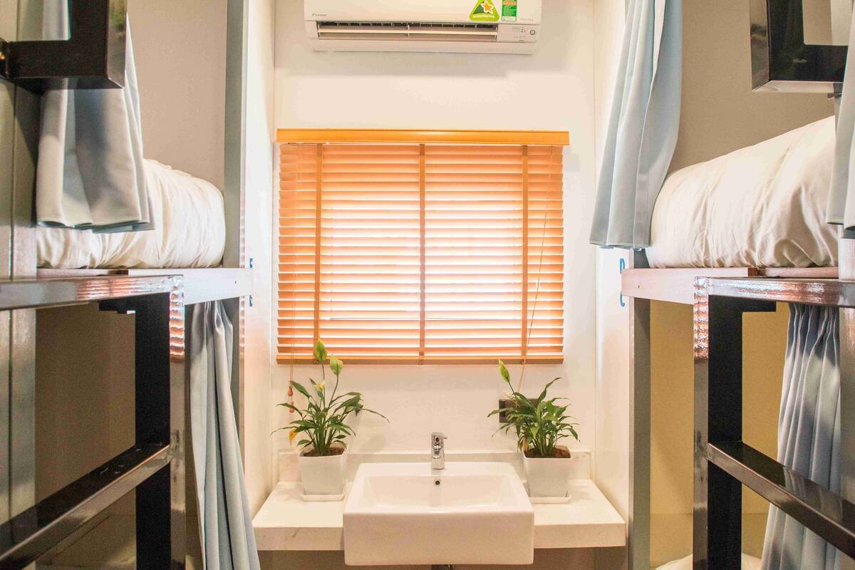 Quarto de hotel compacto com beliches, janela com cortinas, pia e duas plantas em vasos.