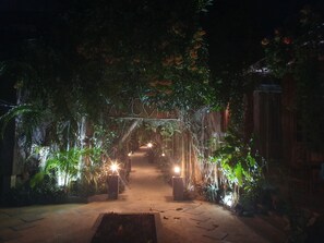 Un sentier à peine éclairé, bordé d’une végétation luxuriante et de plantes, mène à une construction dotée d’une porte en bois.