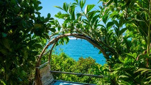 A wooden bench with a green cushion, surrounded by lush greenery and overlooking a clear blue sea. - The Cliff Hostel (Koh Rong Sanloem)