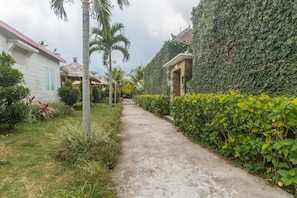 A pathway flanked by lush greenery and a building with a thatched roof.