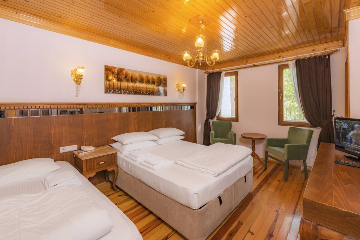 Une chambre d’hôtel avec deux lits, une télévision, une petite table et un tableau au mur.