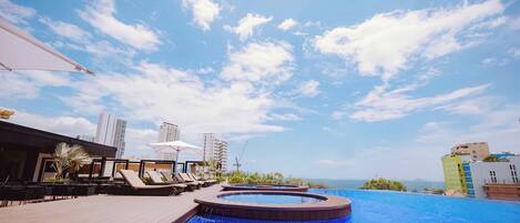 Outdoor pool, open 6 AM to 10 PM, pool loungers