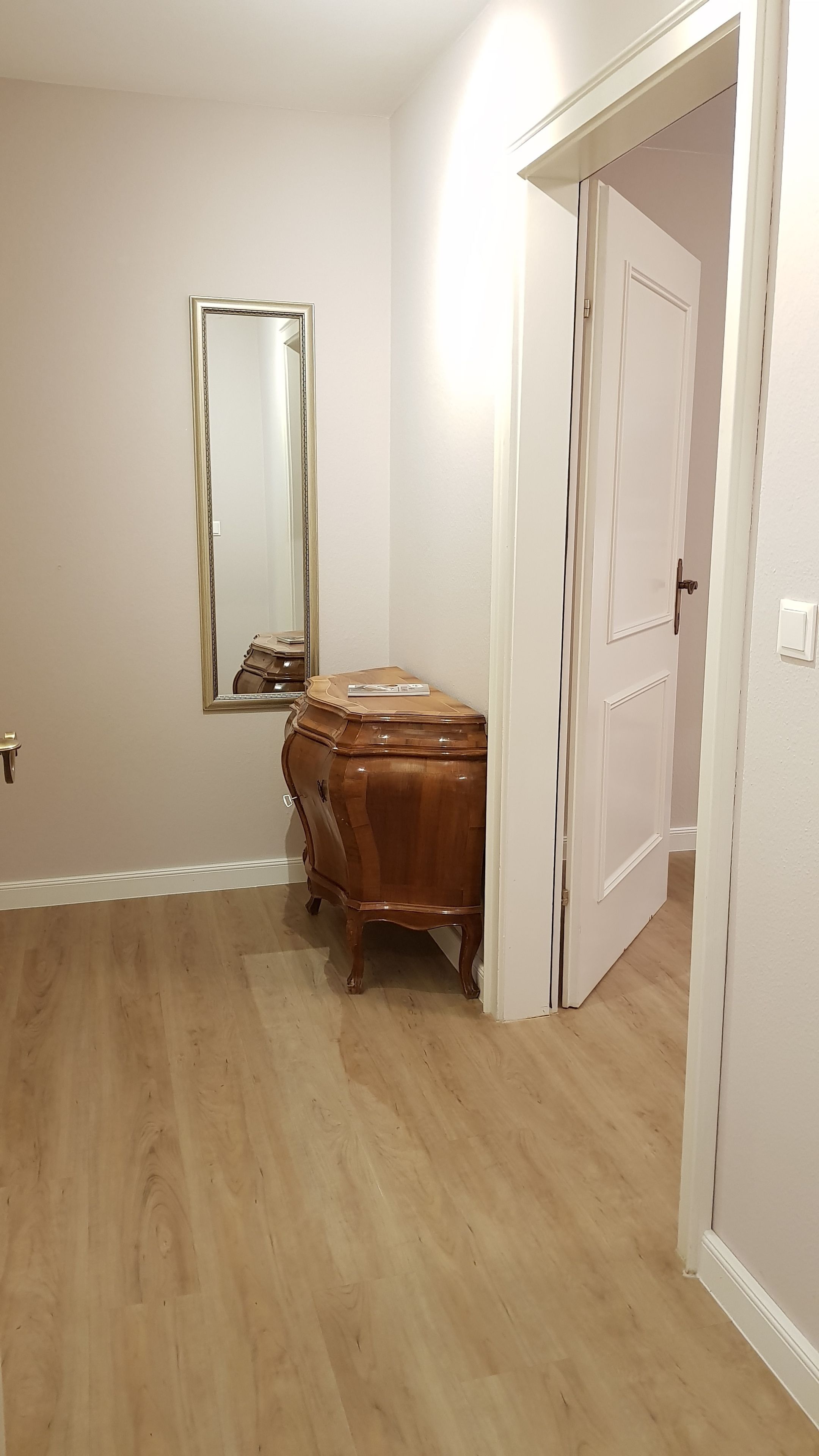 A hallway with a wooden floor, a mirror on the wall, and a door leading to another room.