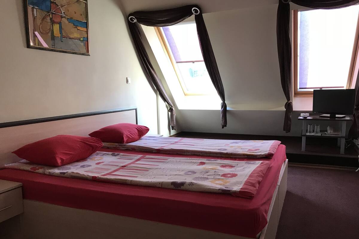 A bedroom with a bed, pillows, a desk, a chair, and a TV.