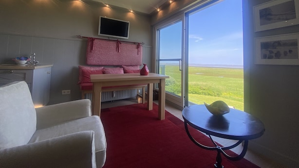 A room with a large window, a bed, a TV, and a table with a bowl. - Ferienwohnung Feskerdam 28 OG (Sylt)