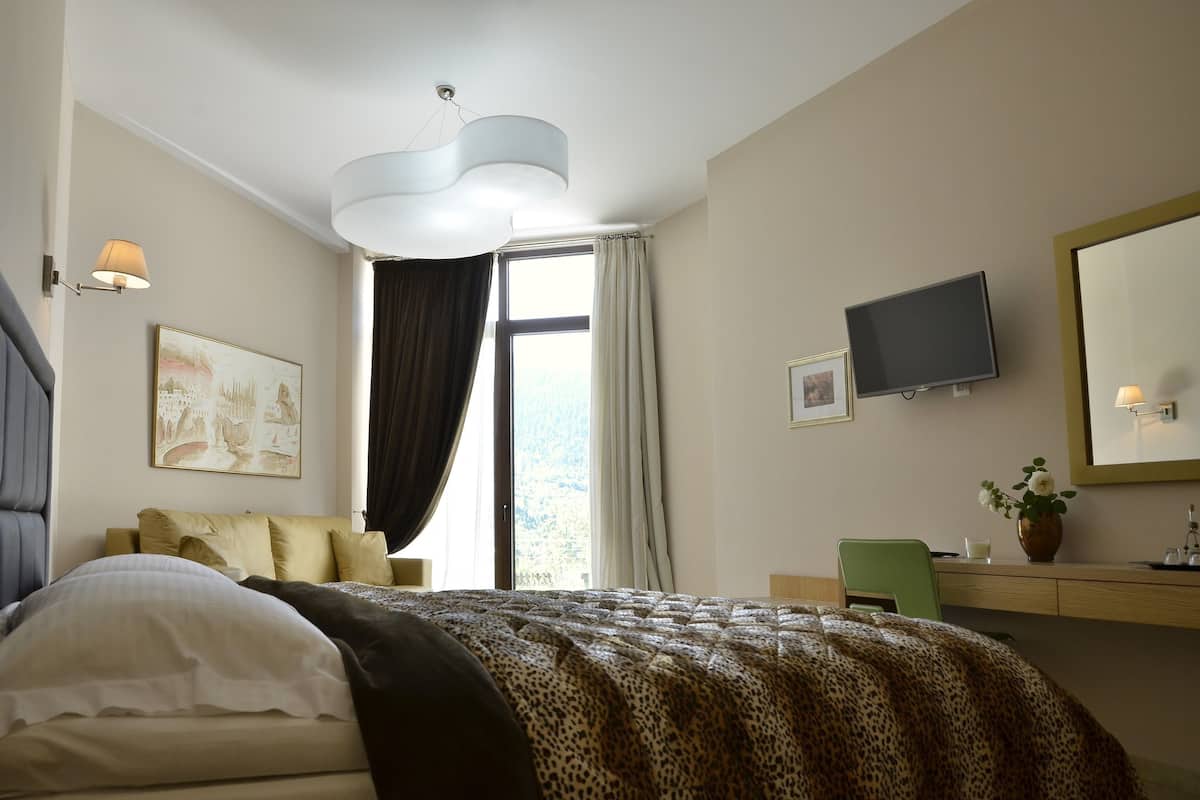 Une chambre d’hôtel avec un lit, une télévision, un bureau et une fenêtre avec des rideaux.