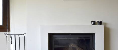 A room with a fireplace, a wooden table, and two wall-mounted bird paintings.