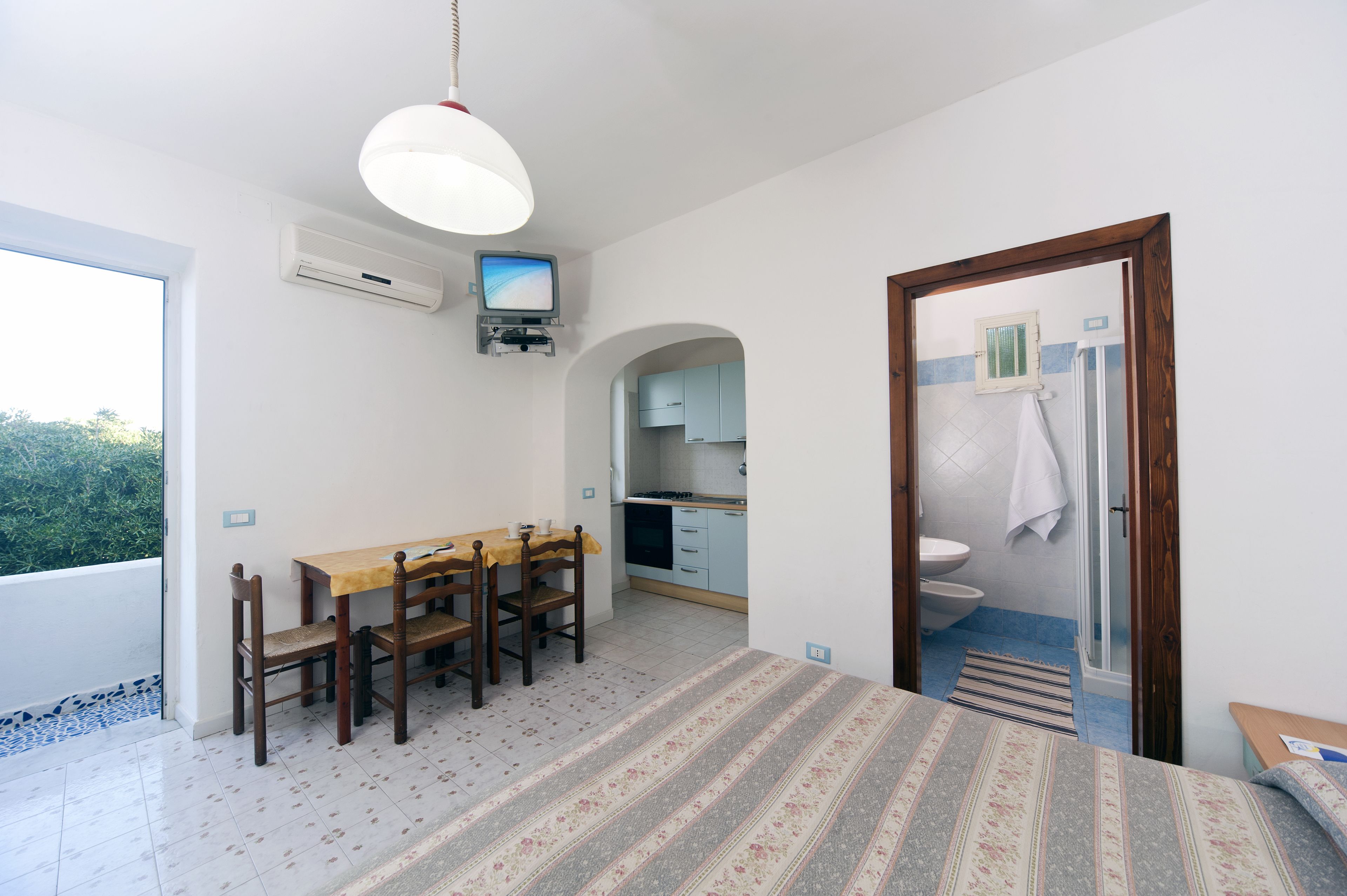 A room with a dining table, chairs, a TV, a kitchen, and a bathroom.