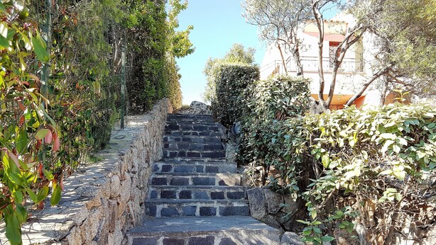 Uma escadaria de pedra serpenteia por uma colina, rodeada por vegetação e com um edifício ao fundo.