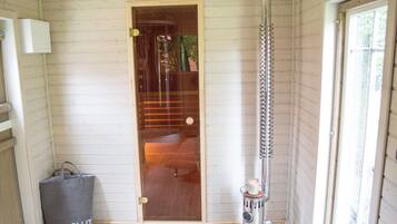 A room with wooden walls, a door, a grey bag labeled "WASH IT", and a tall, cylindrical heater.