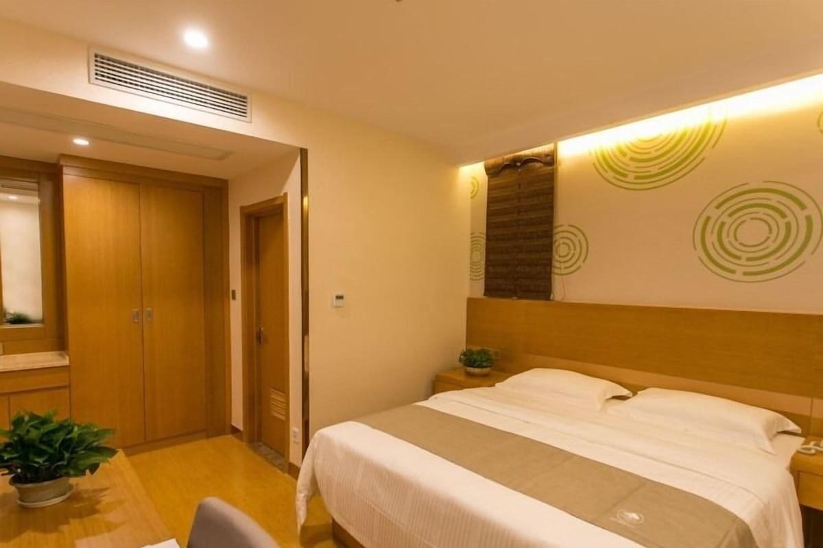 A hotel room with a bed, a bedside table, a chair, a potted plant, and a wall with circular patterns.
