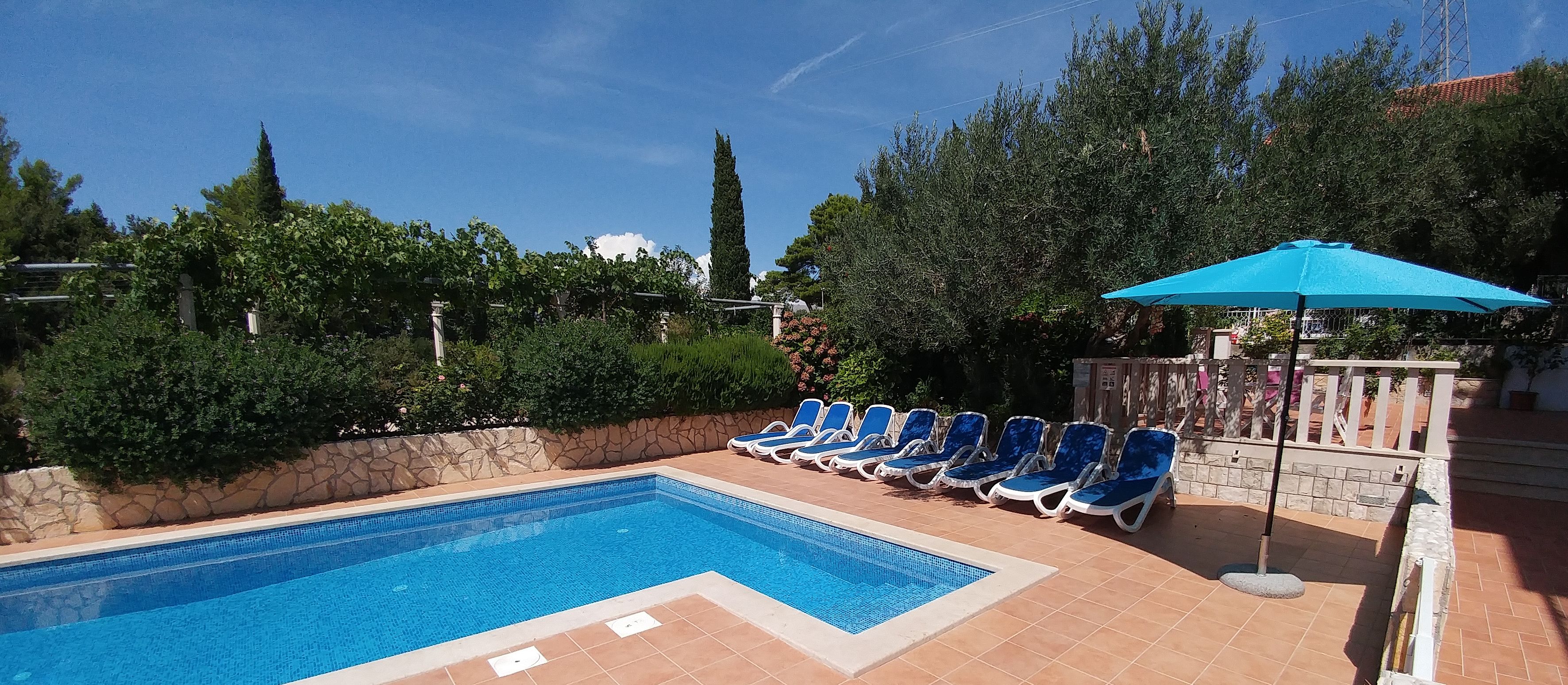 A swimming pool with blue tiles, surrounded by a stone wall and lush greenery.