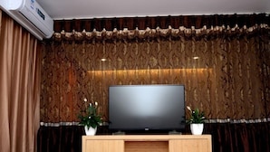 Un soggiorno con una TV a schermo piatto su un mobile in legno, due piante in vaso e un divano viola.