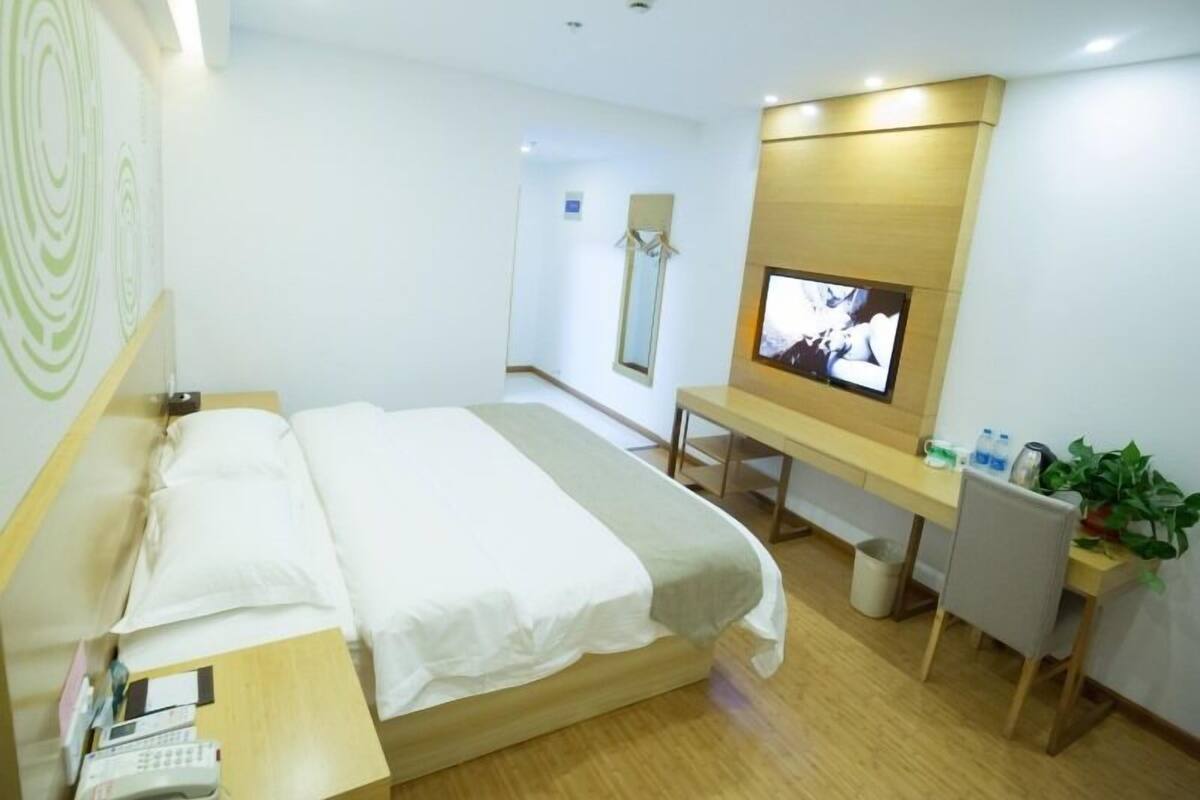 A hotel room with a bed, a desk with a TV, a chair, and a small plant.