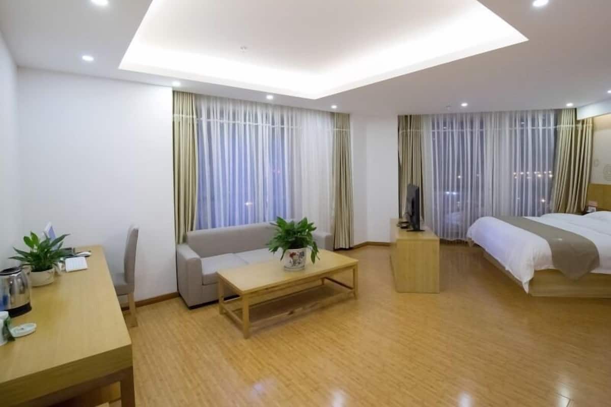 A modern hotel room with a wooden floor, a sofa, a small table with a plant, a bed, and a TV.