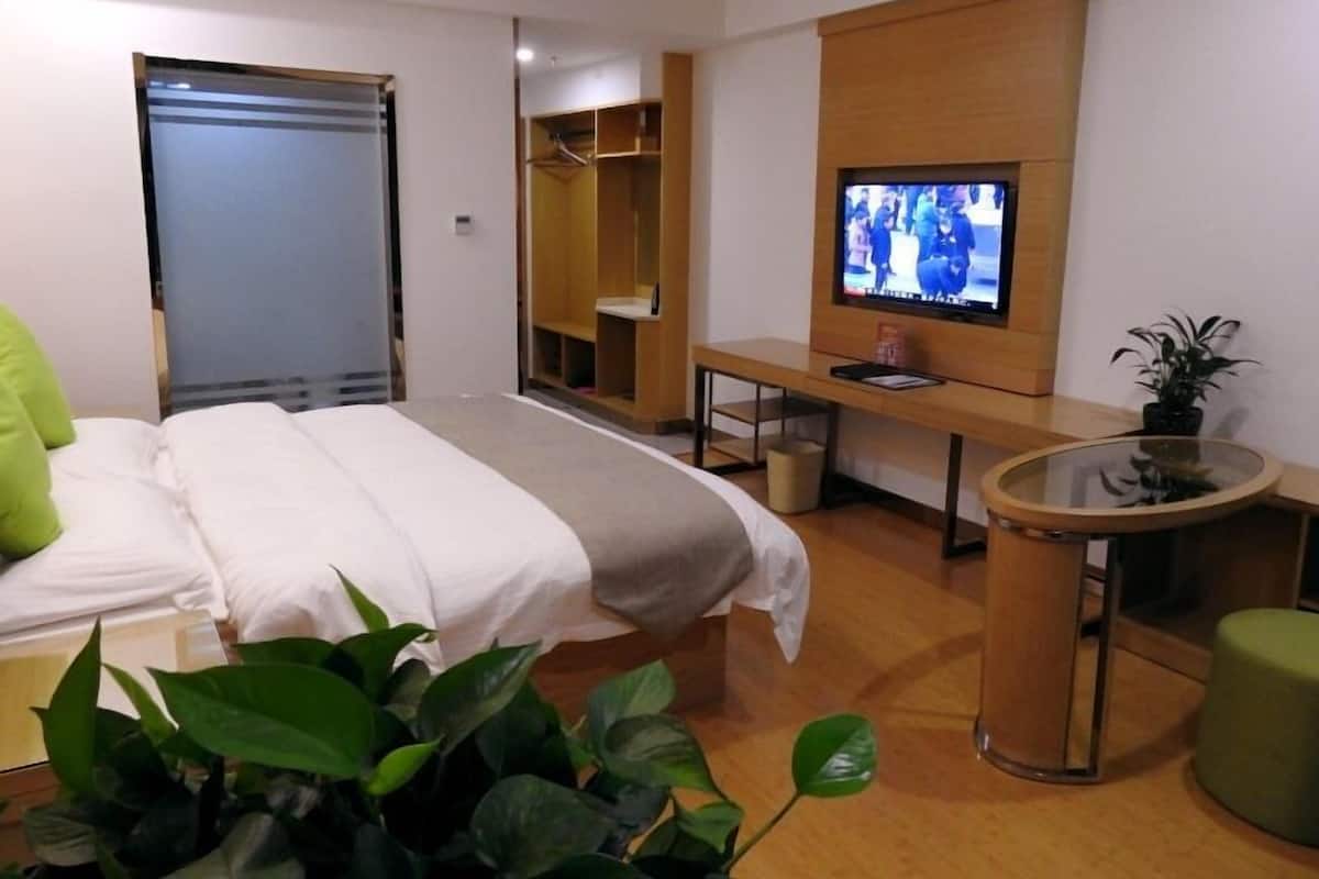 A hotel room with a bed, a desk, a TV, a mirror, and a small table with a plant.