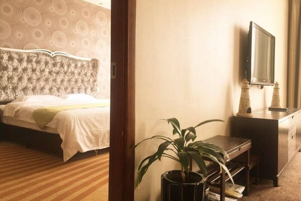 Une chambre d’hôtel avec un lit, un bureau, une télévision et une plante en pot.