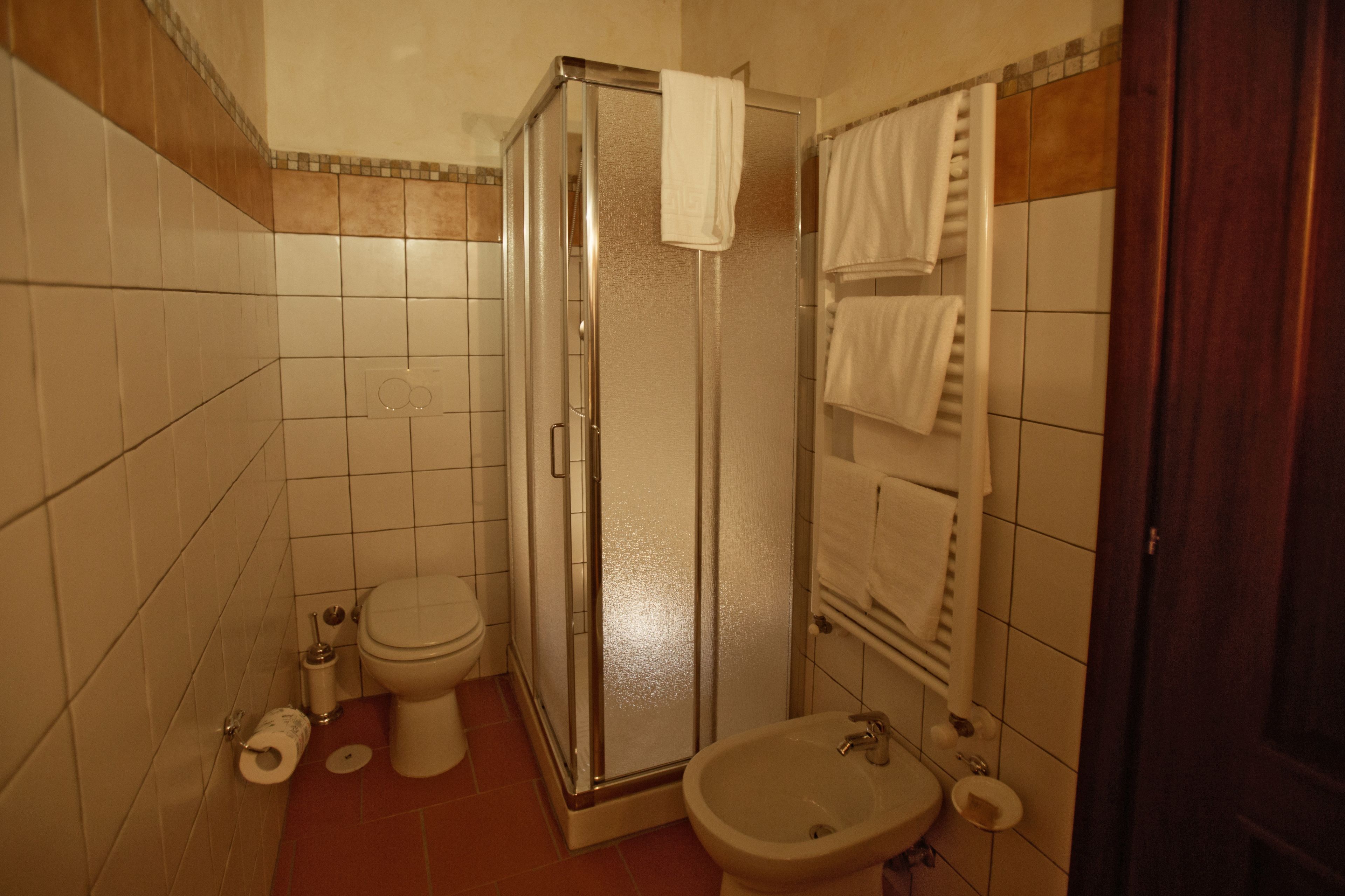 A bathroom with a toilet, a sink, and a glass-enclosed shower.