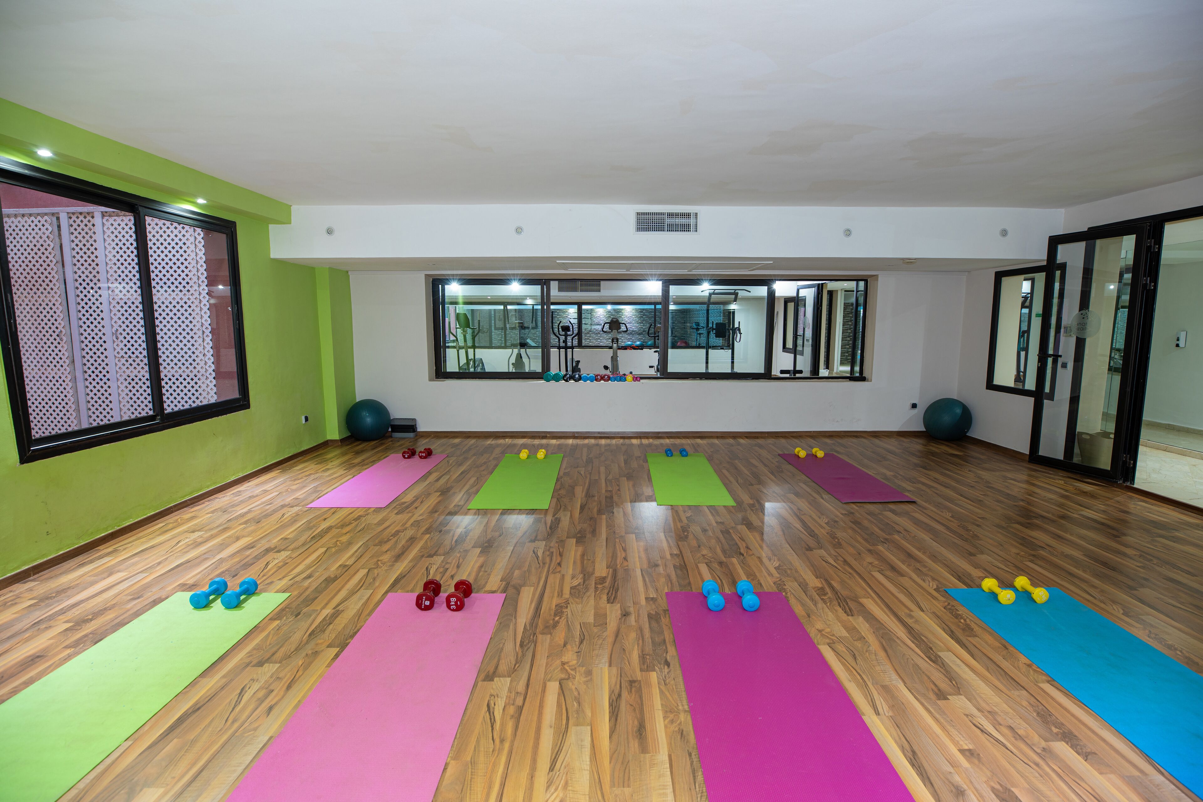 Une salle de sport spacieuse dotée de planchers en bois, de tapis de sol et de divers équipements de remise en forme.