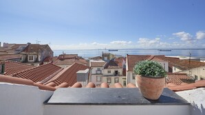 Une terrasse avec des toits en tuiles de terre cuite, un pot de fleurs et une vue sur la mer et les bâtiments.