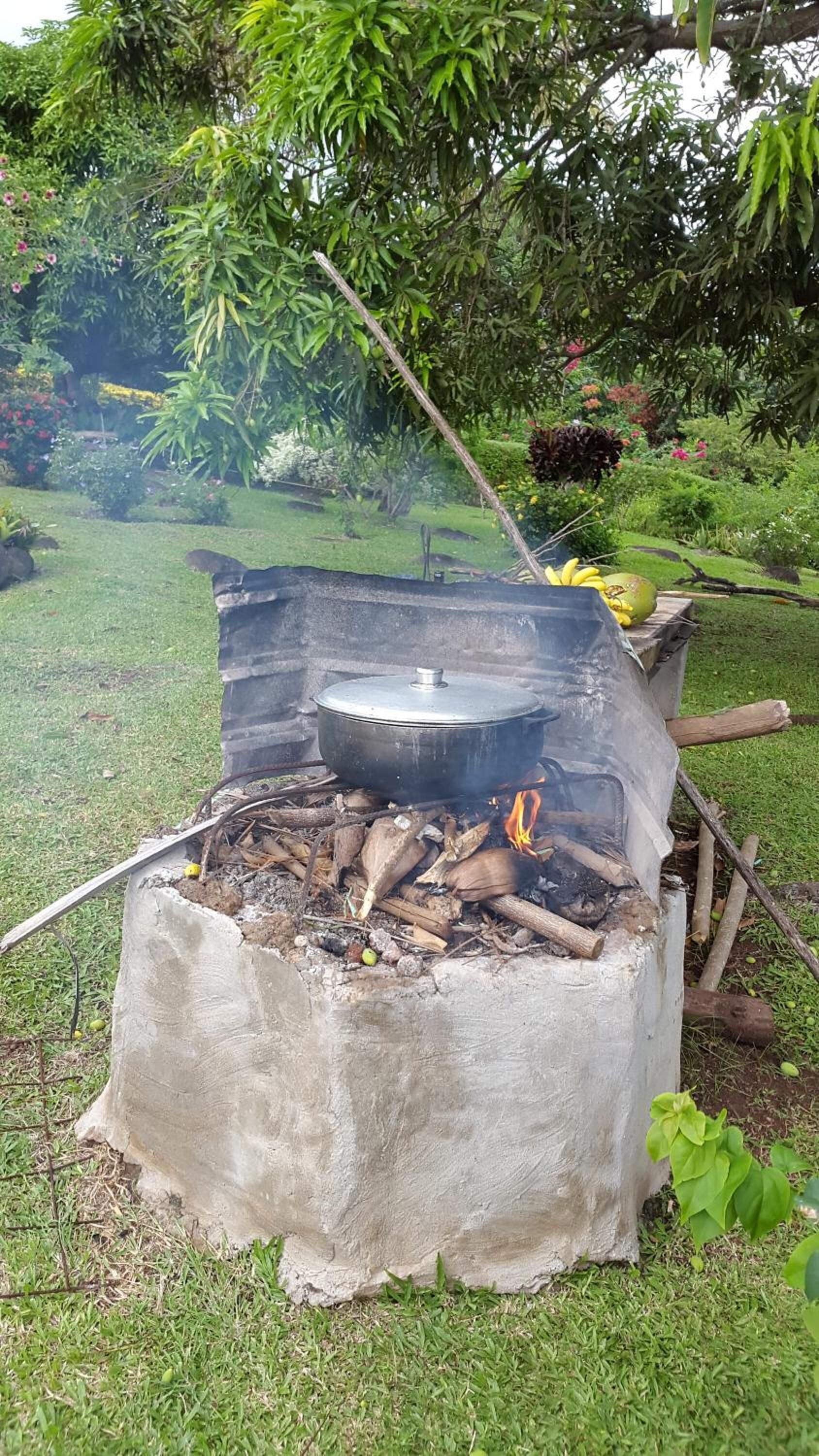An outdoor cooking setup with a pot on a makeshift stove, surrounded by greenery.