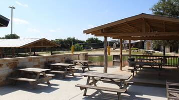 A covered picnic area with multiple wooden picnic tables and benches, a stone wall, and a metal roof structure.