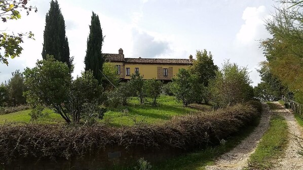 A yellow building with a tiled roof, surrounded by a grassy area with trees and a narrow path. - Casali Costadoro (Acquaviva Picena)
