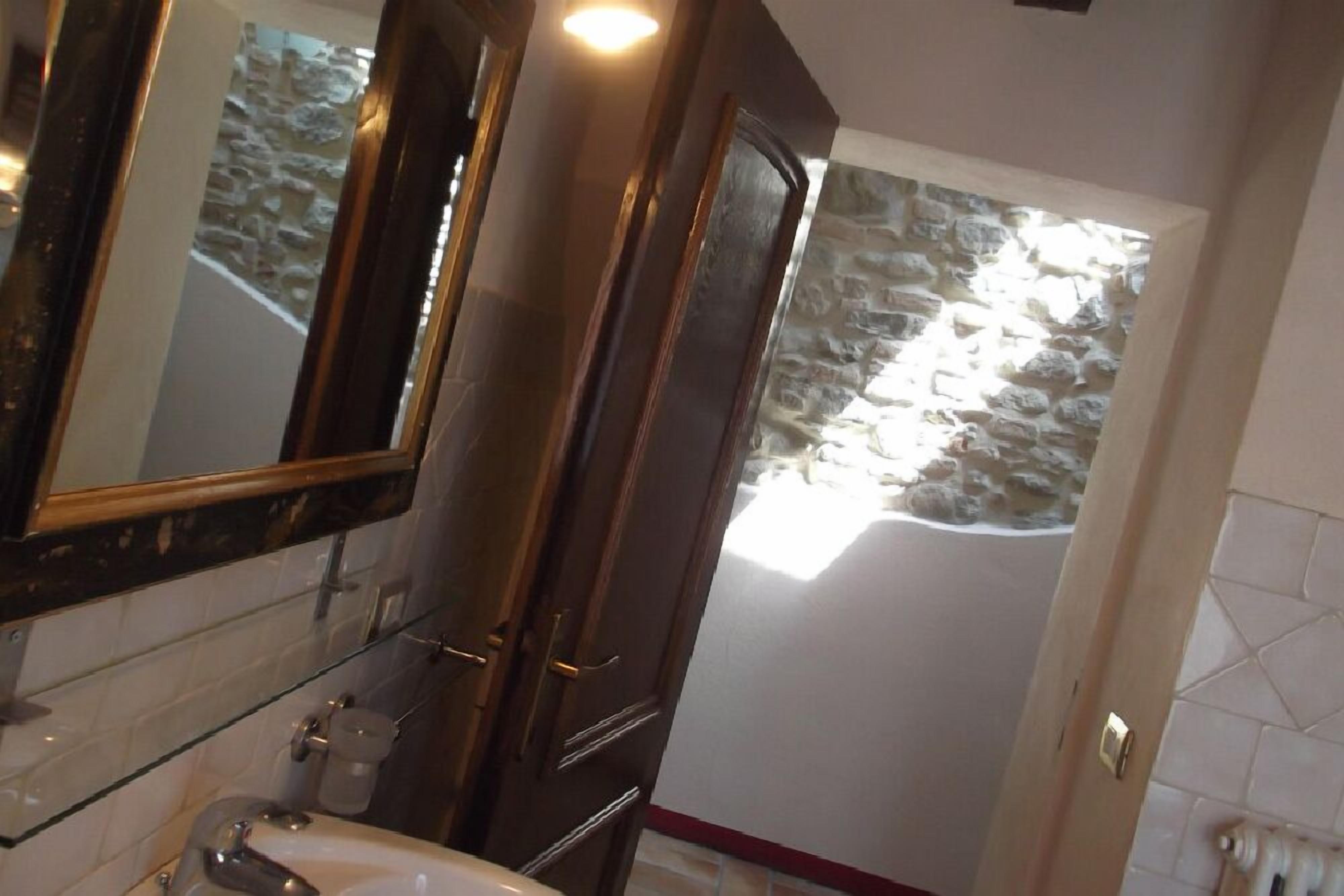 A bathroom with a stone wall, a wooden door, and a mirror above the sink.
