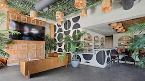 A modern bar area with a wooden bench, a large TV screen, and shelves with bottles. - Sentral East Austin at 1630 E. Sixth (Austin)