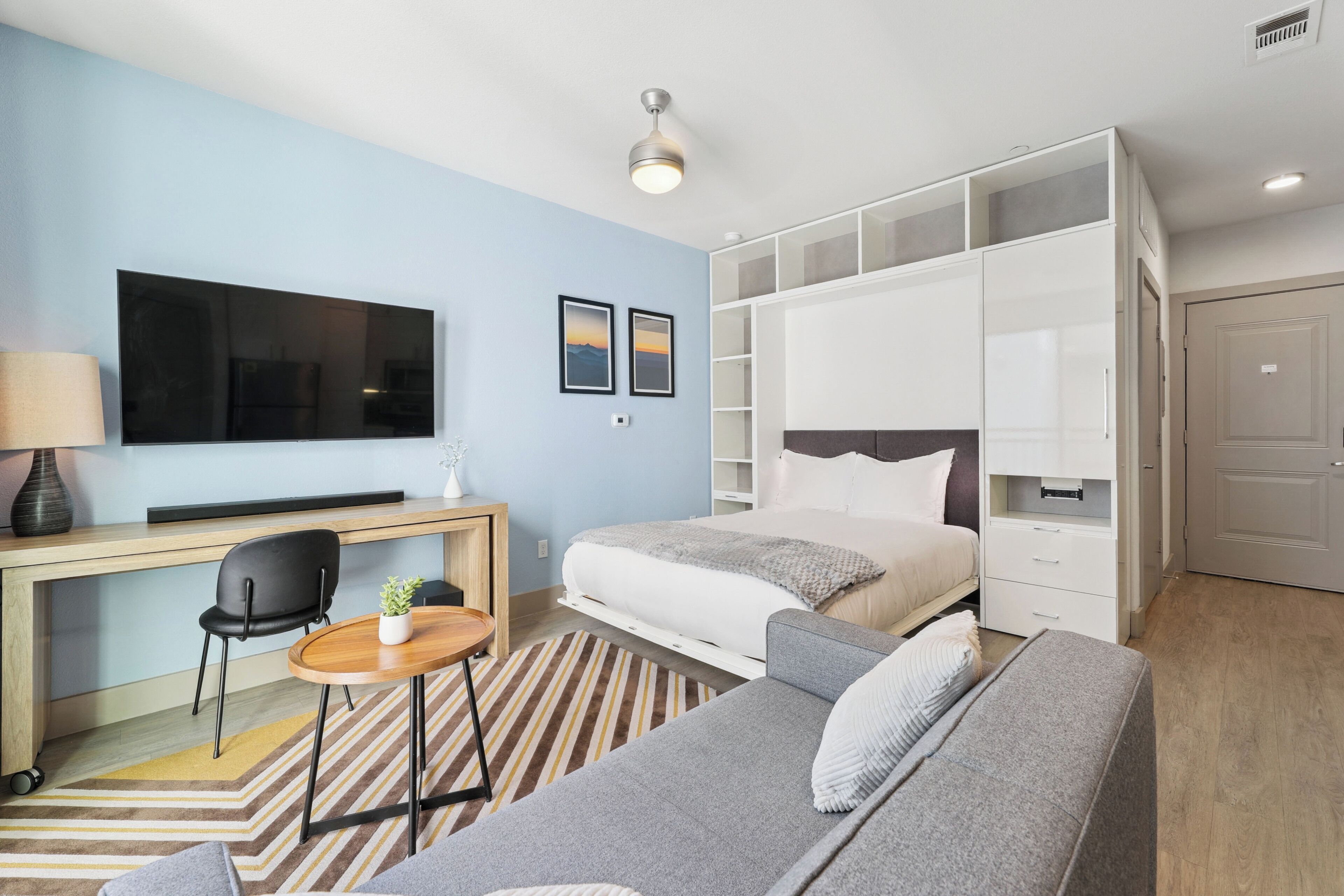 Premium bedding, individually furnished, laptop workspace