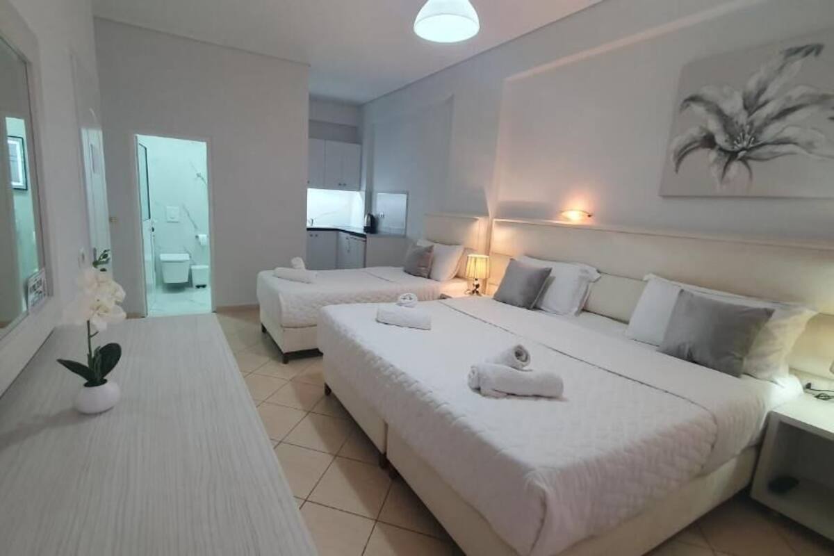 A hotel room with two beds, a large mirror, a small potted plant, and a painting on the wall.