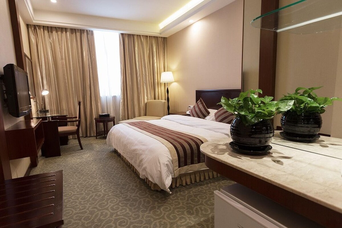 A hotel room with a bed, a desk, a chair, a TV, a lamp, and two potted plants.