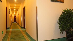 Un pasillo de hotel con alfombra verde, una planta y un cuadro en la pared.
